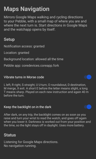 Companion app on Android showing the setup checklist, the Morse code and backlight settings, and the status section