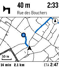 Watch during a trip: a left turn arrow, 40 m and Rue des Bouchers across the top next to the clock, a heading-up map with the route to the turn, and 14 min, 2.1 km and an arrival time of 2:47 along the bottom